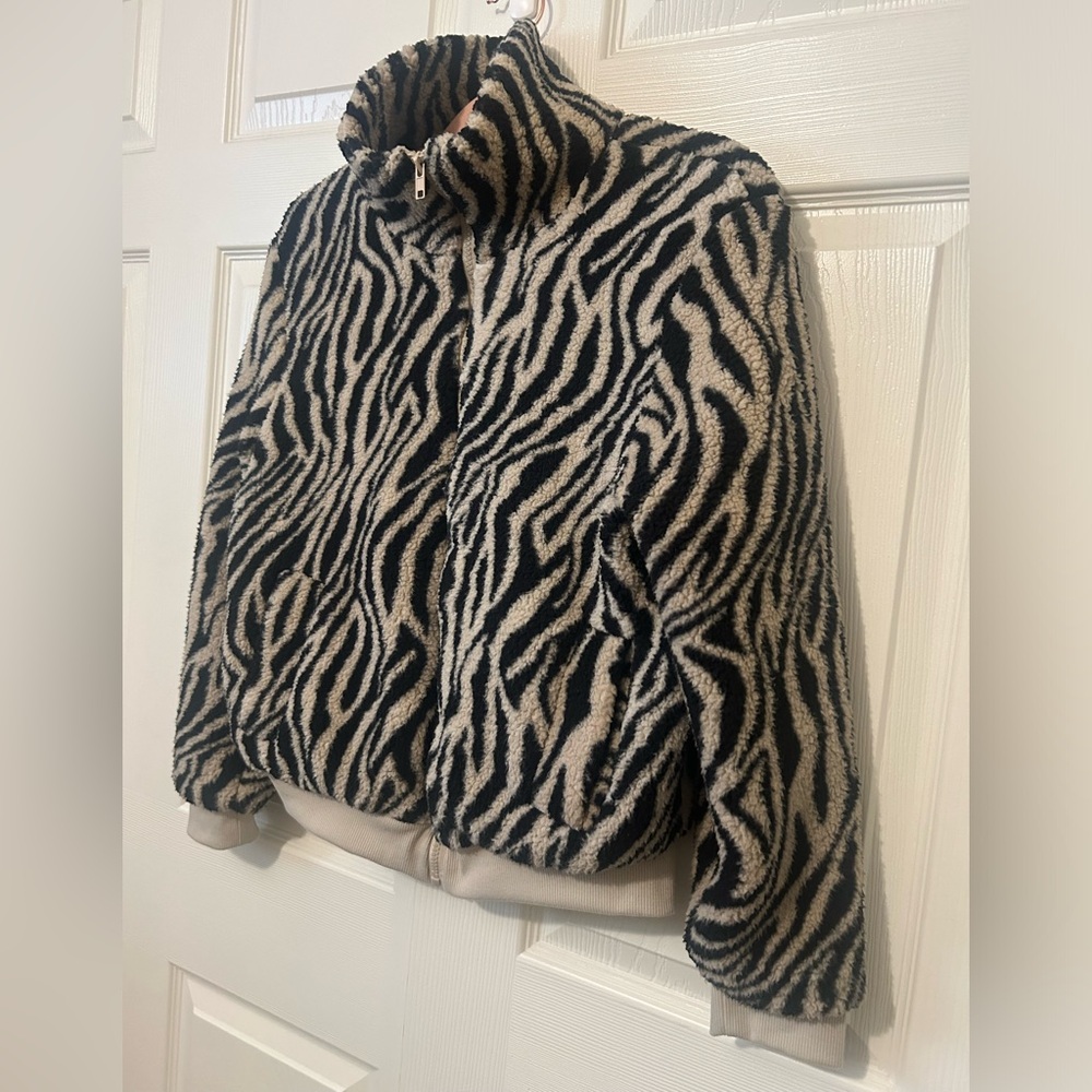 NWT Pink Rose Zebra Print Fleece Bomber Jacket sm
